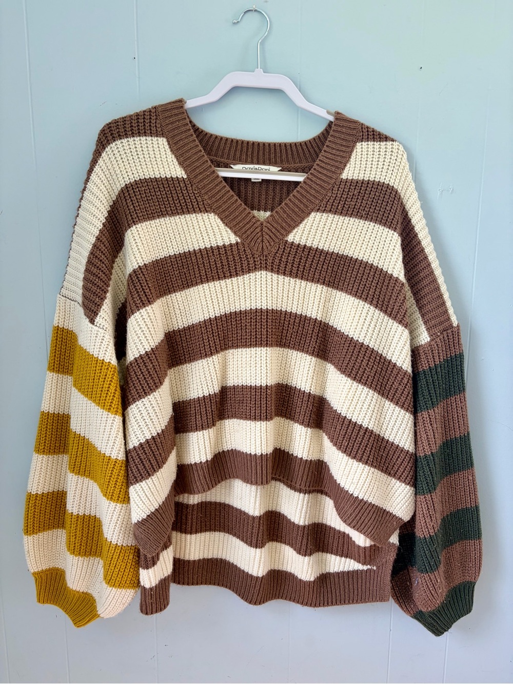 DAVI & DANI Striped V-Neck Sweater in Brown, Cream, Mustard & Dark Green